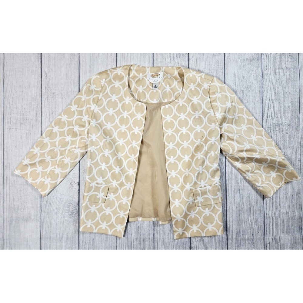 Talbots Blazer Womens 0 Beige White Cotton Blend Geometric Print Open Front